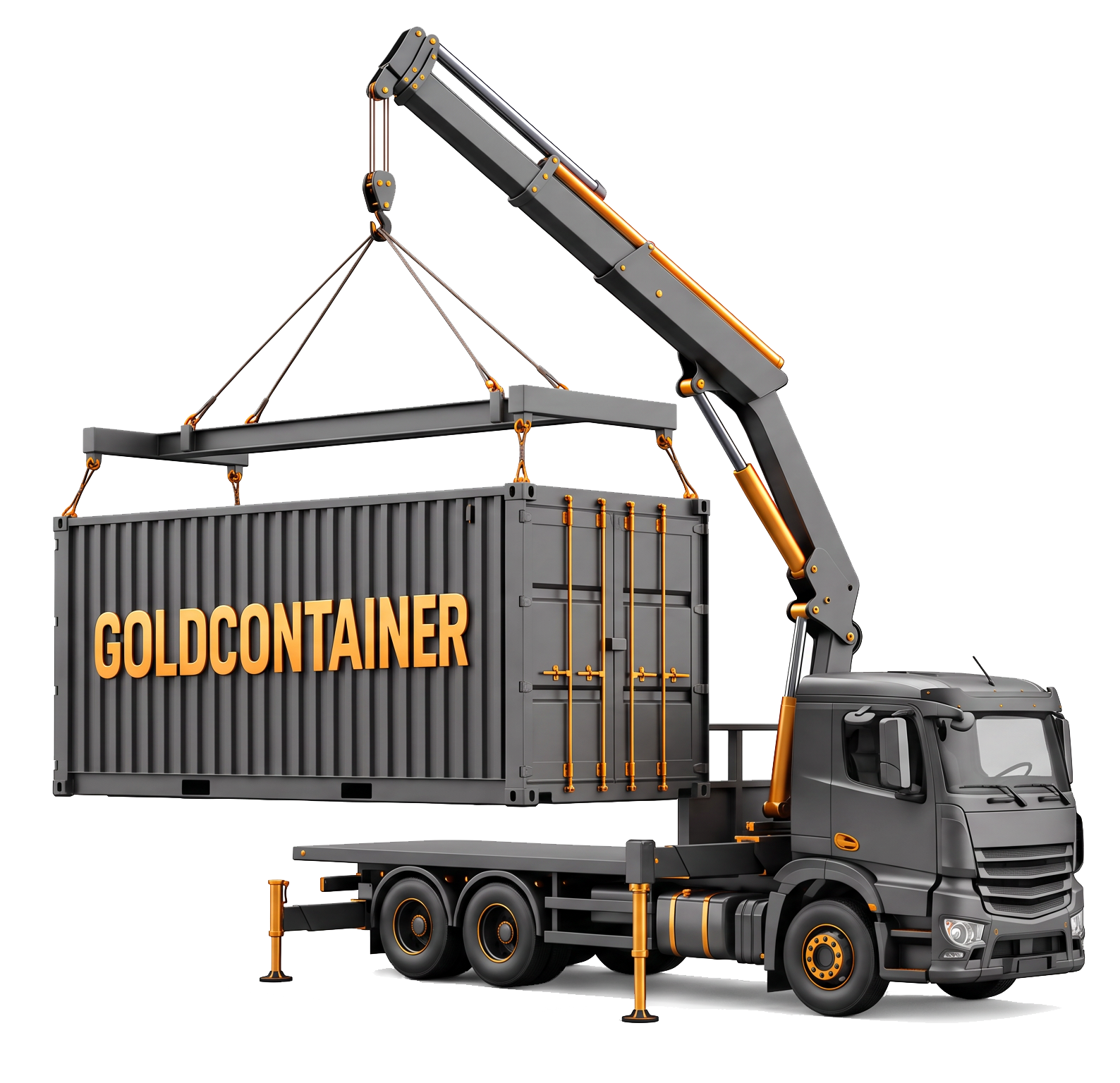 GOLDCONTAINER crane truck lifting a container